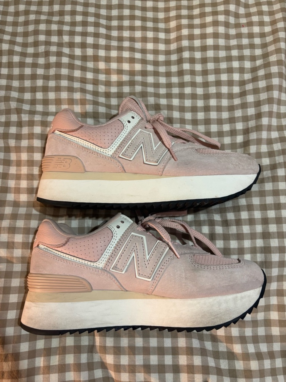 New Balance Women's 574 Light Pink Suede Platform Sneakers